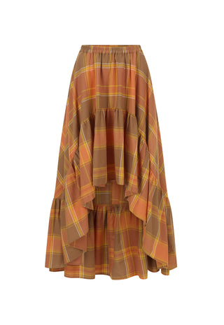 A tiered, high-low ruffled skirt in a brown and orange plaid pattern with yellow and white accent lines, shown against a plain white background.